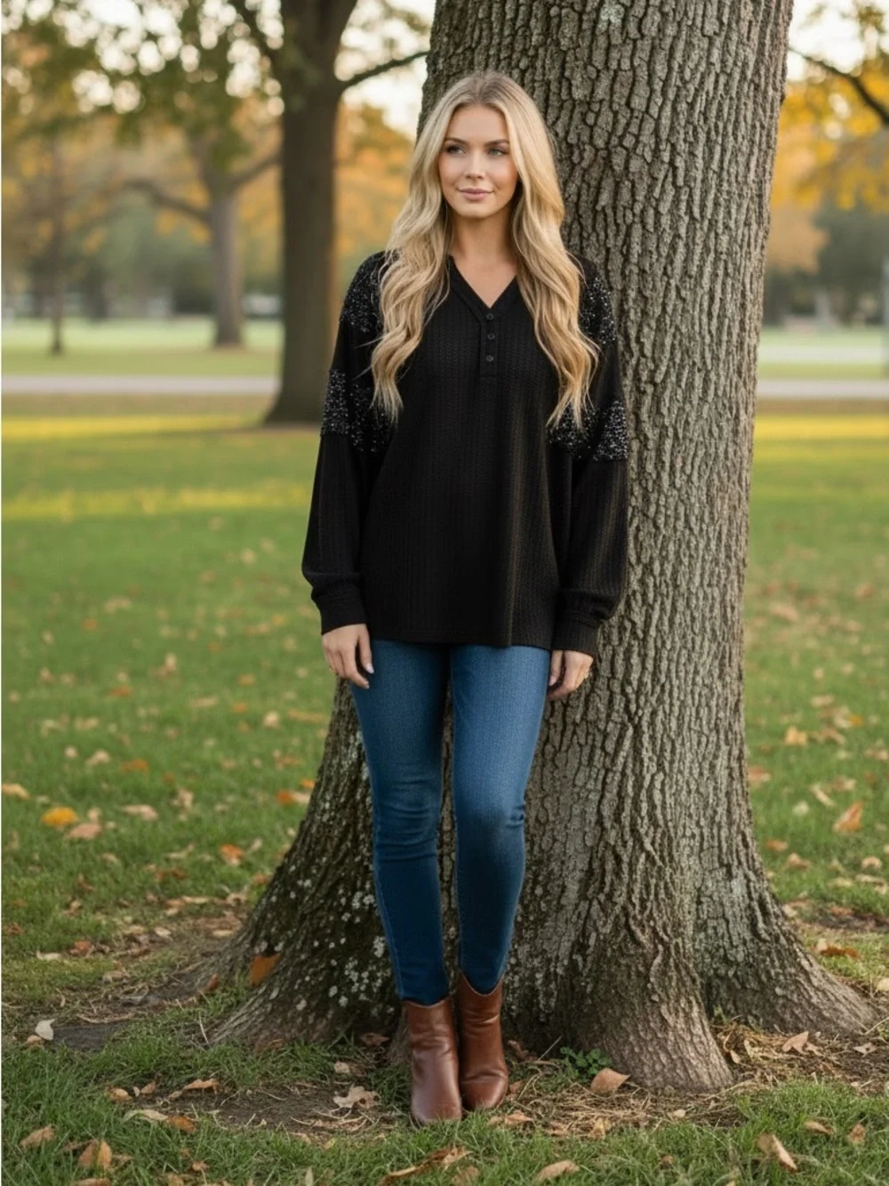 Davi&Dani Black Sequin Waffle Top Size 1X - Picture 4 of 10